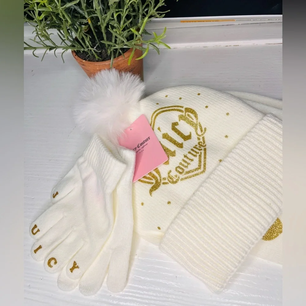 Juicy Couture Kids Beanie Scarf Gloves Set Metallic Hearts NWT